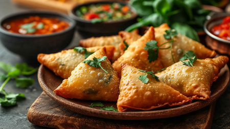 Fried samosas with vegetable filling, popular Indian snacks on wooden boardの素材