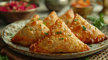 Fried samosas with vegetable filling, popular Indian snacks on wooden boardの素材