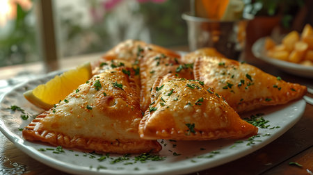 Fried samosas with vegetable filling, popular Indian snacks on wooden boardの素材