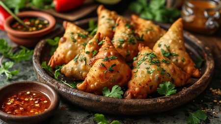 Fried samosas with vegetable filling, popular Indian snacks on wooden boardの素材