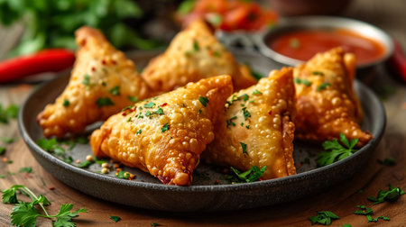 Fried samosas with vegetable filling, popular Indian snacks on wooden boardの素材