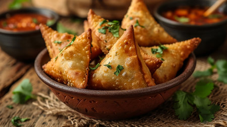 Fried samosas with vegetable filling, popular Indian snacks on wooden boardの素材