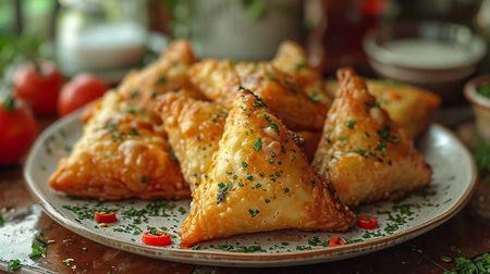 Fried samosas with vegetable filling, popular Indian snacks on wooden boardの素材