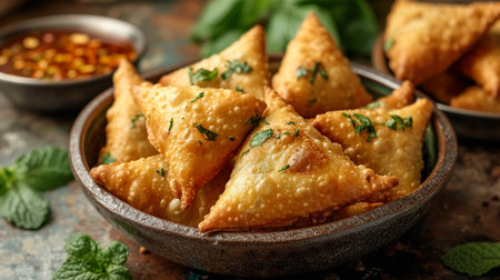 Fried samosas with vegetable filling, popular Indian snacks on wooden boardの素材