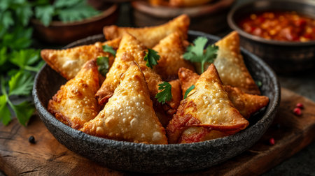 Fried samosas with vegetable filling, popular Indian snacks on wooden boardの素材