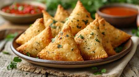 Fried samosas with vegetable filling, popular Indian snacks on wooden boardの素材