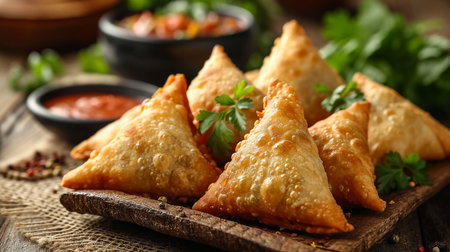Fried samosas with vegetable filling, popular Indian snacks on wooden boardの素材