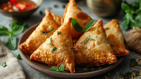 Fried samosas with vegetable filling, popular Indian snacks on wooden boardの素材