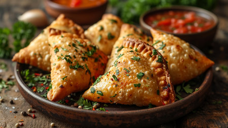Fried samosas with vegetable filling, popular Indian snacks on wooden boardの素材