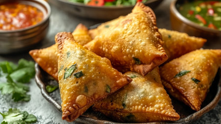 Fried samosas with vegetable filling, popular Indian snacks on wooden boardの素材
