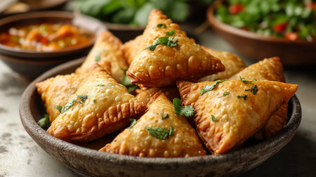 Fried samosas with vegetable filling, popular Indian snacks on wooden boardの素材