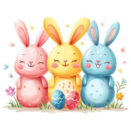 Easter bunny rabbit cartoon character holding a basket full of painted Easter eggs. happy Easter.の素材