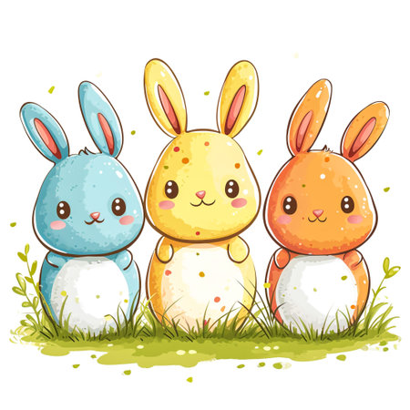 Easter bunny rabbit cartoon character holding a basket full of painted Easter eggs. happy Easter.の素材