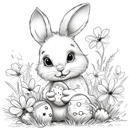 Easter bunny rabbit cartoon character holding a basket full of painted Easter eggs. happy Easter.の素材