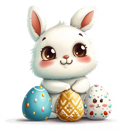 Easter bunny rabbit cartoon character holding a basket full of painted Easter eggs. happy Easter.の素材