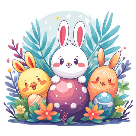 Easter bunny rabbit cartoon character holding a basket full of painted Easter eggs. happy Easter.の素材