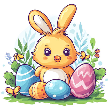 Easter bunny rabbit cartoon character holding a basket full of painted Easter eggs. happy Easter.の素材