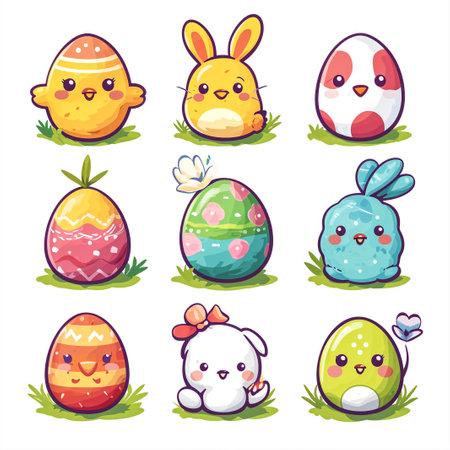 Easter bunny rabbit cartoon character holding a basket full of painted Easter eggs. happy Easter.の素材