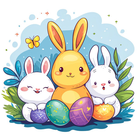 Easter bunny rabbit cartoon character holding a basket full of painted Easter eggs. happy Easter.の素材