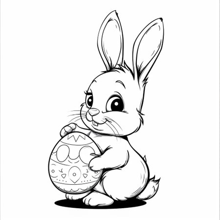 Easter bunny rabbit cartoon character holding a basket full of painted Easter eggs. happy Easter.の素材