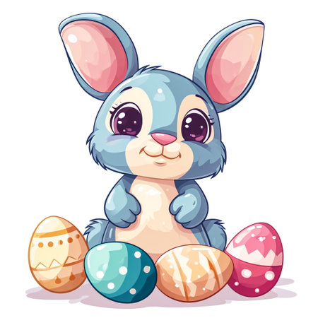 Easter bunny rabbit cartoon character holding a basket full of painted Easter eggs. happy Easter.の素材