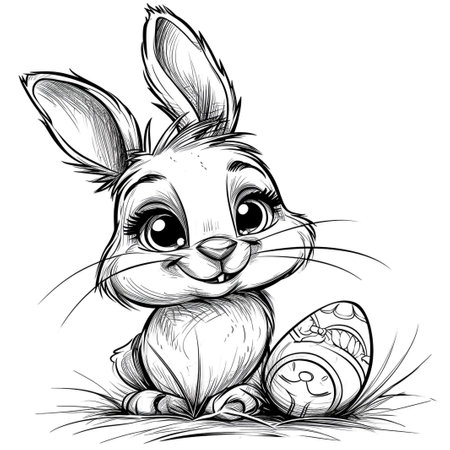 Easter bunny rabbit cartoon character holding a basket full of painted Easter eggs. happy Easter.の素材