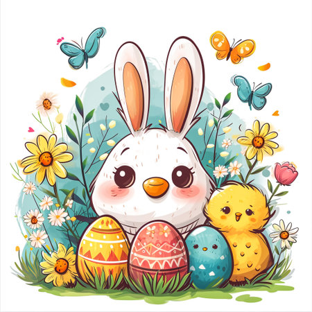 Easter bunny rabbit cartoon character holding a basket full of painted Easter eggs. happy Easter.の素材