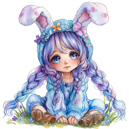 Cute little child wearing bunny ears on Easter day. Girl with painted eggs on bright purple background. Violet and yellow colors.の素材