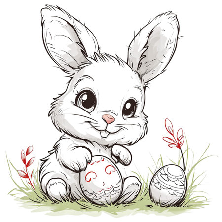 Easter bunny rabbit cartoon character holding a basket full of painted Easter eggs. happy Easter.の素材