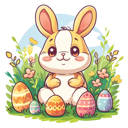 Easter bunny rabbit cartoon character holding a basket full of painted Easter eggs. happy Easter.の素材
