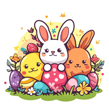 Easter bunny rabbit cartoon character holding a basket full of painted Easter eggs. happy Easter.の素材