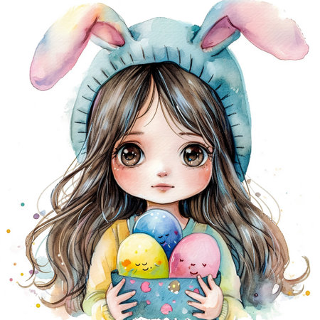 Cute little child wearing bunny ears on Easter day. Girl with painted eggs on bright purple background. Violet and yellow colors.の素材