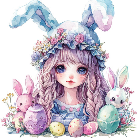 Cute little child wearing bunny ears on Easter day. Girl with painted eggs on bright purple background. Violet and yellow colors.の素材