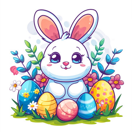 Easter bunny rabbit cartoon character holding a basket full of painted Easter eggs. happy Easter.の素材