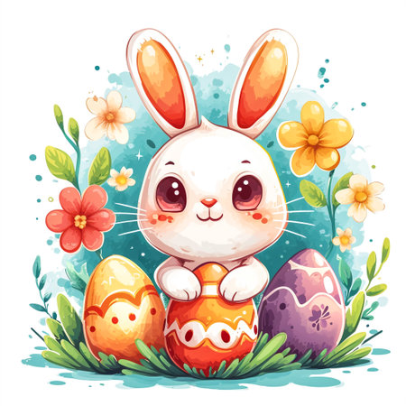 Easter bunny rabbit cartoon character holding a basket full of painted Easter eggs. happy Easter.の素材