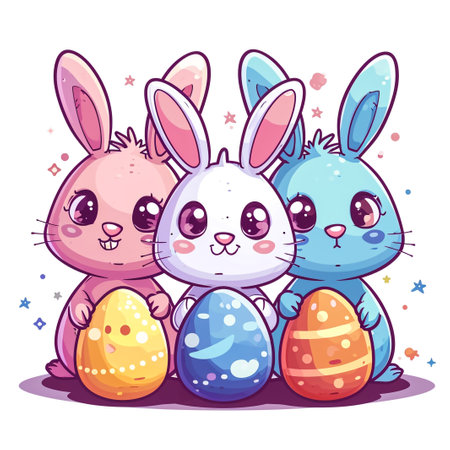 Easter bunny rabbit cartoon character holding a basket full of painted Easter eggs. happy Easter.の素材