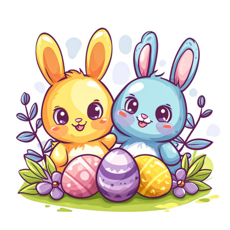 Easter bunny rabbit cartoon character holding a basket full of painted Easter eggs. happy Easter.の素材