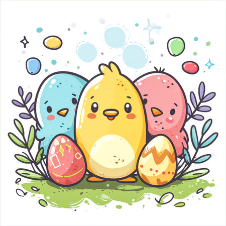 Easter bunny rabbit cartoon character holding a basket full of painted Easter eggs. happy Easter.の素材