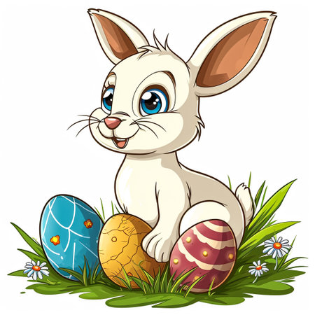 Easter bunny rabbit cartoon character holding a basket full of painted Easter eggs. happy Easter.の素材