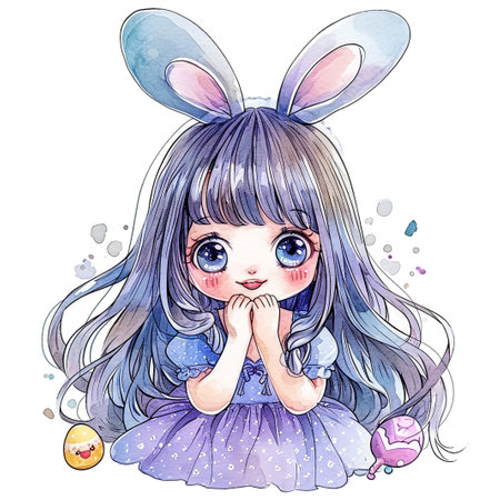 Holidays, spring and party concept. Portrait of lovely, cheerful blond girl in rabbit ears, holding colored eggs, celebrating Easter with family, enjoying spend traditional day with close peopleの素材
