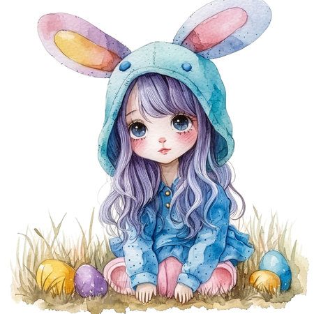 Cute little child wearing bunny ears on Easter day. Girl with painted eggs on bright purple background. Violet and yellow colors.の素材