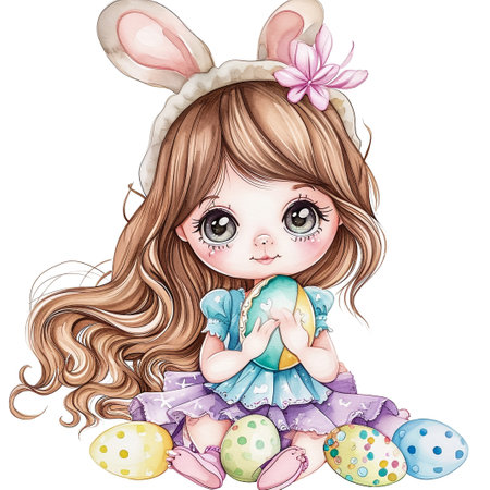 Holidays, spring and party concept. Portrait of lovely, cheerful blond girl in rabbit ears, holding colored eggs, celebrating Easter with family, enjoying spend traditional day with close peopleの素材