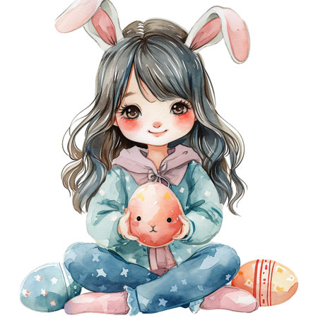 Cute little child wearing bunny ears on Easter day. Girl with painted eggs on bright purple background. Violet and yellow colors.の素材