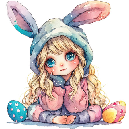 Cute little child wearing bunny ears on Easter day. Girl with painted eggs on bright purple background. Violet and yellow colors.の素材