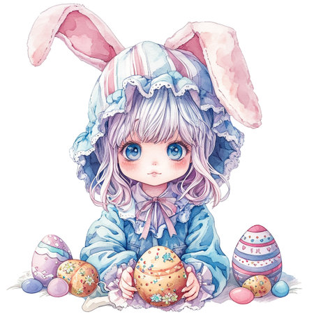 Cute little child wearing bunny ears on Easter day. Girl with painted eggs on bright purple background. Violet and yellow colors.の素材