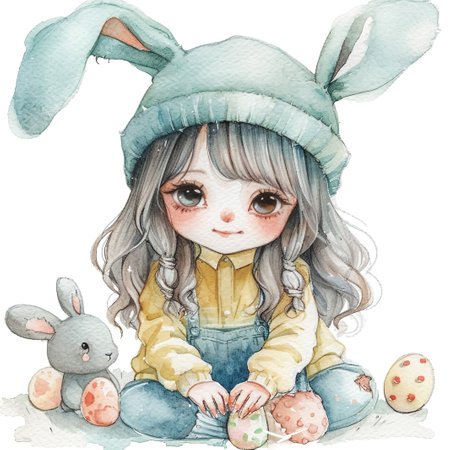 Cute little child wearing bunny ears on Easter day. Girl with painted eggs on bright purple background. Violet and yellow colors.の素材