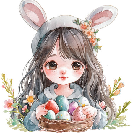 Holidays, spring and party concept. Portrait of lovely, cheerful blond girl in rabbit ears, holding colored eggs, celebrating Easter with family, enjoying spend traditional day with close peopleの素材