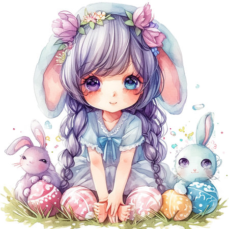 Holidays, spring and party concept. Portrait of lovely, cheerful blond girl in rabbit ears, holding colored eggs, celebrating Easter with family, enjoying spend traditional day with close peopleの素材