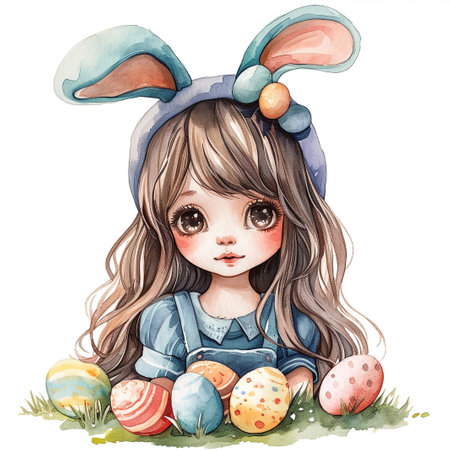 Cute little child wearing bunny ears on Easter day. Girl with painted eggs on bright purple background. Violet and yellow colors.の素材
