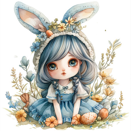 Holidays, spring and party concept. Portrait of lovely, cheerful blond girl in rabbit ears, holding colored eggs, celebrating Easter with family, enjoying spend traditional day with close peopleの素材